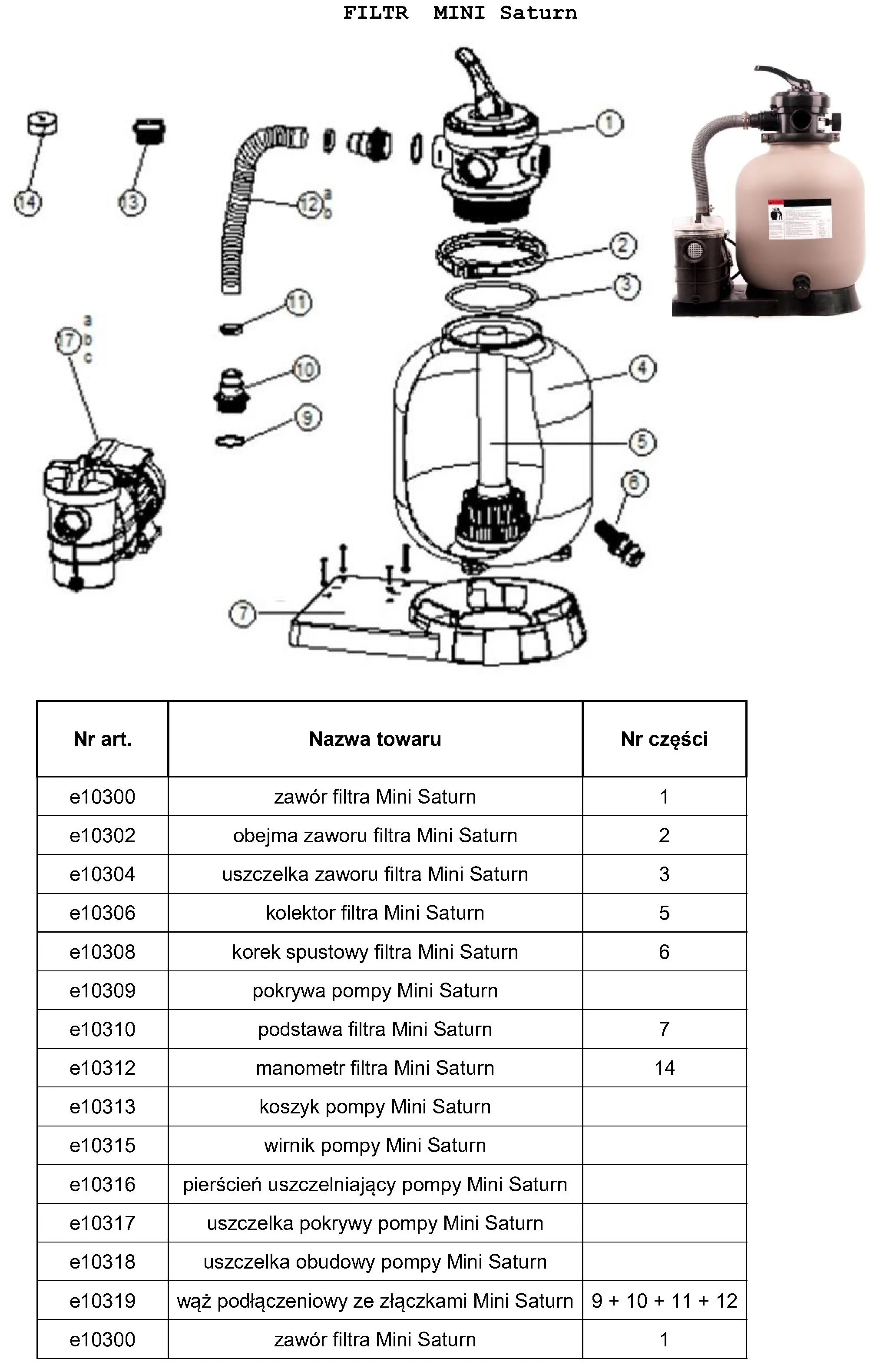 filtr basenowy saturn mini części zamienne schemat